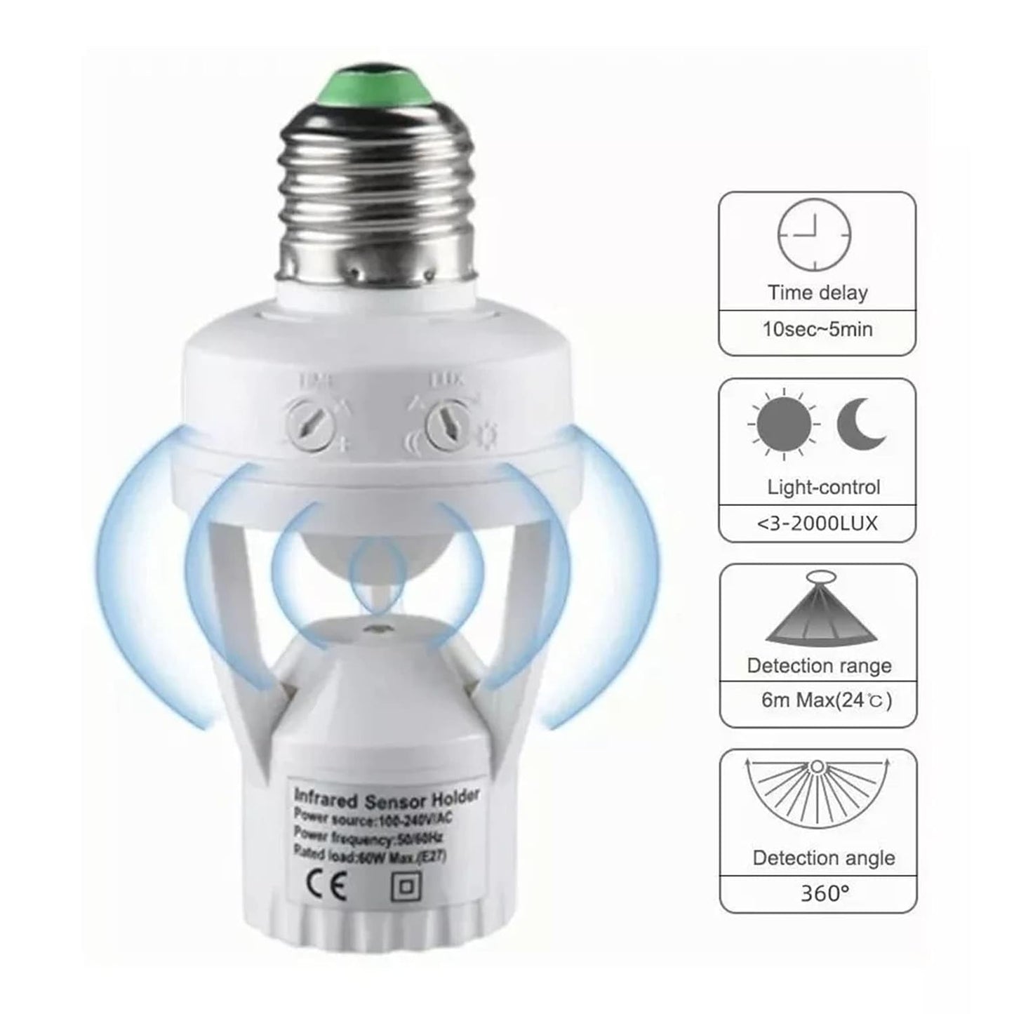 PIR Motion Sensor LED Bulb Holder, Auto On/Off Light Control Sensor